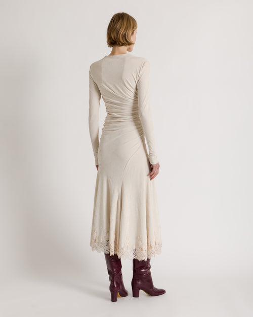 Gathered midi dress with lace trim