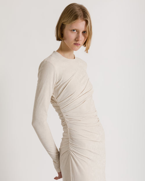 Gathered midi dress with lace trim