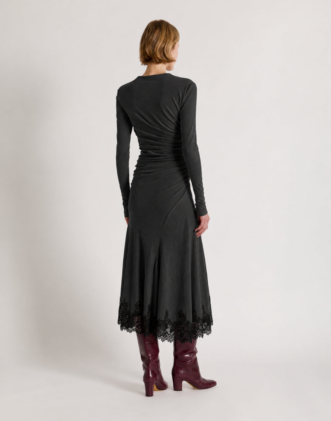 Midi Dress in Stretch Velvet with Lace Trim Grey Alberta Ferretti Boutique Online 3