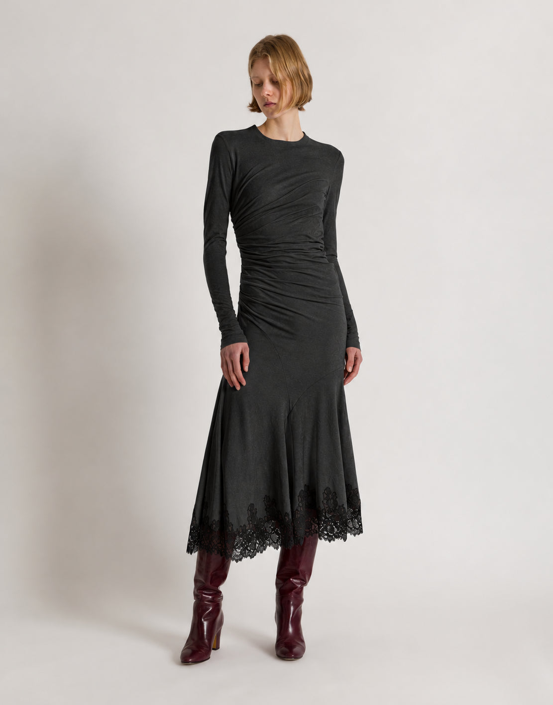 Midi Dress in Stretch Velvet with Lace Trim Grey Alberta Ferretti Boutique Online 2