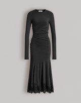 Midikleid aus Stretch-Samt mit Spitzenbesatz 