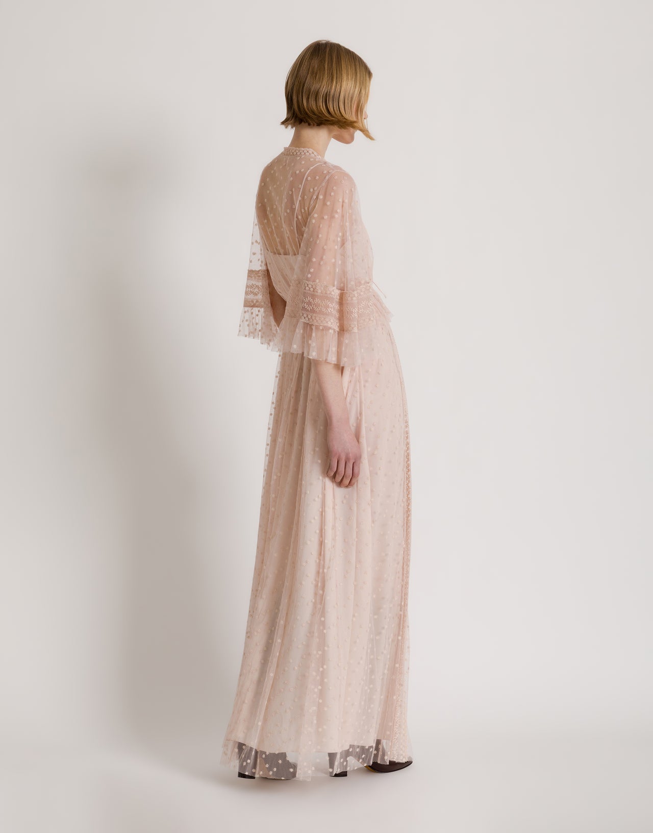 Long plumetis tulle dress with lace details