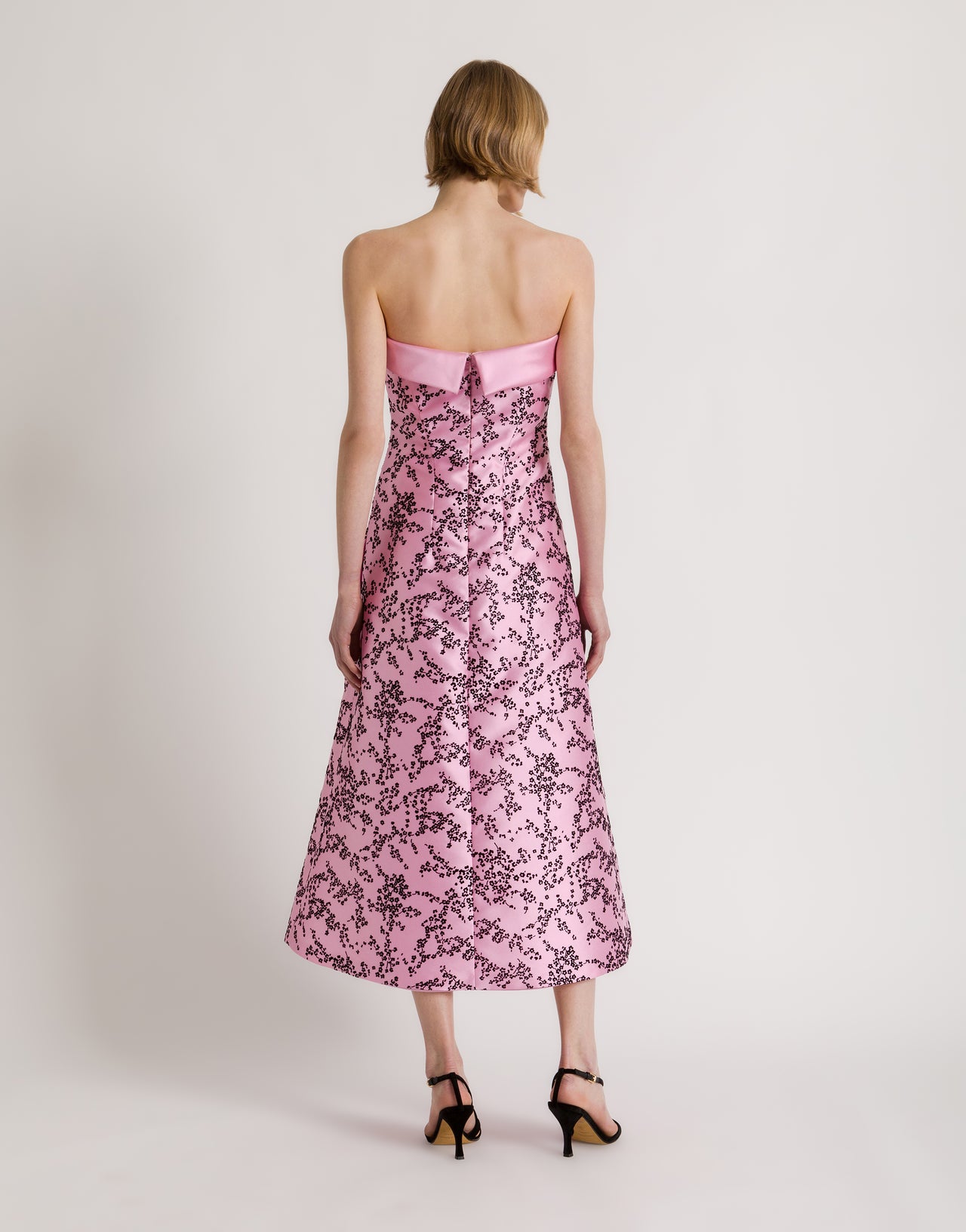 Strapless midi dress in floral mikado