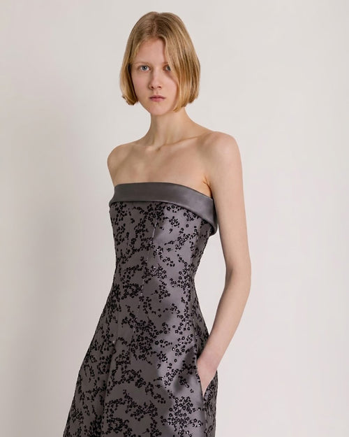 Strapless midi dress in floral mikado