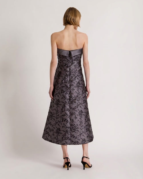 Strapless midi dress in floral mikado