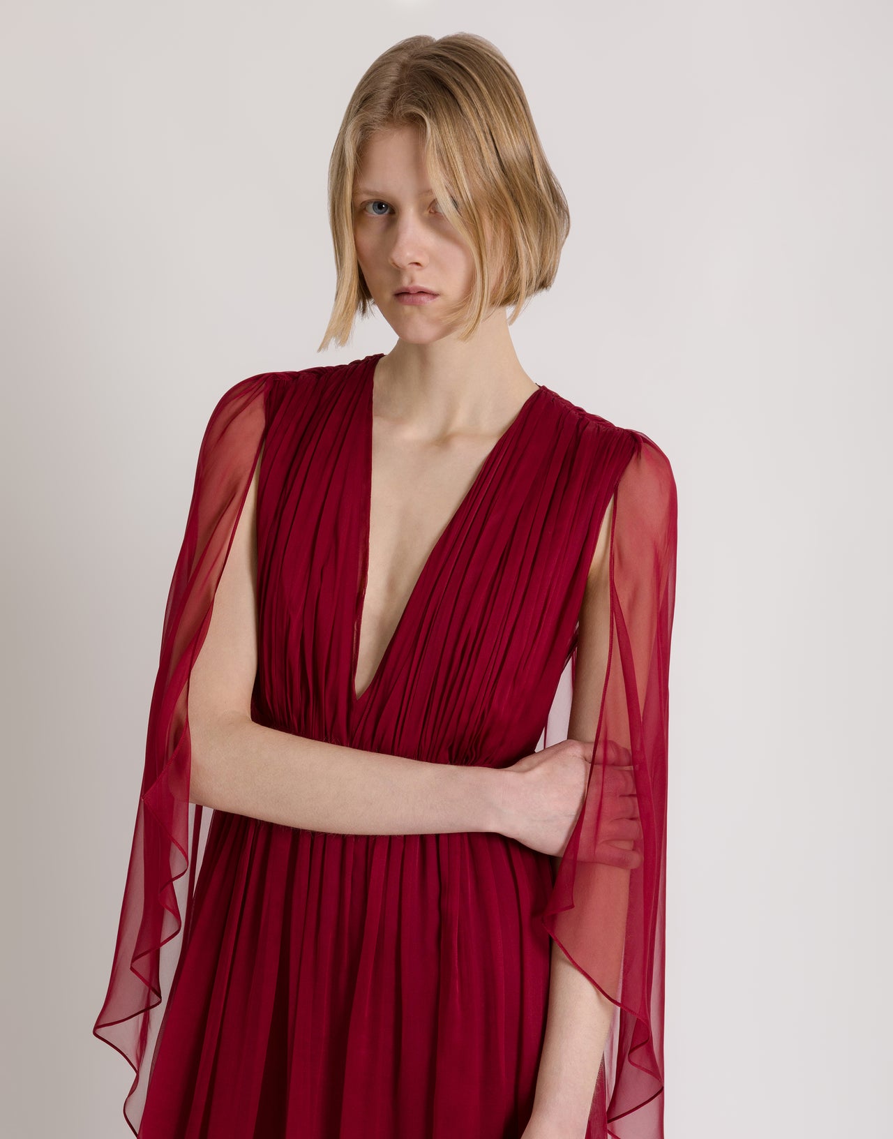 Long chiffon dress with V-neckline and cape Red Alberta Ferretti Boutique Online 3
