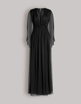 Long chiffon dress with V-neckline and cape