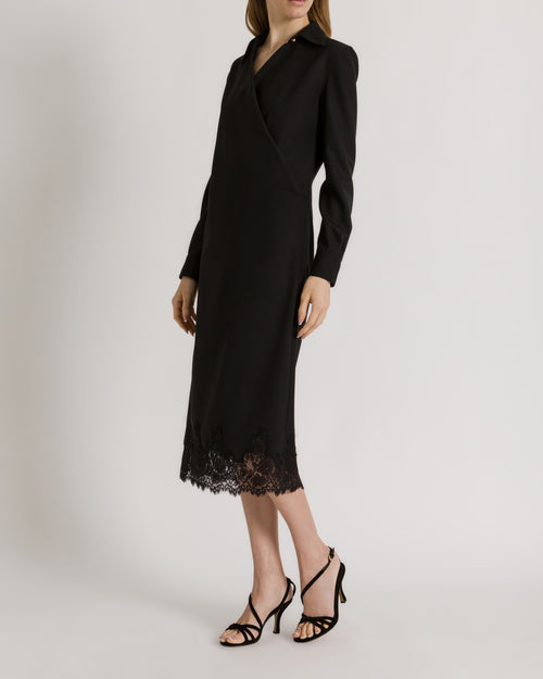Crepe midi dress with collar and lace trim Black Alberta Ferretti Boutique Online 1