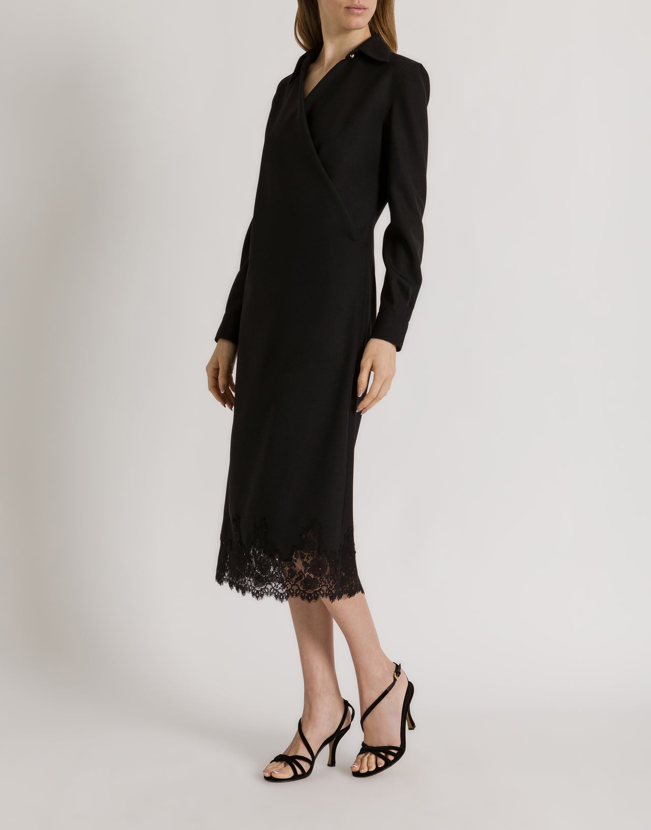 Crepe midi dress with collar and lace trim