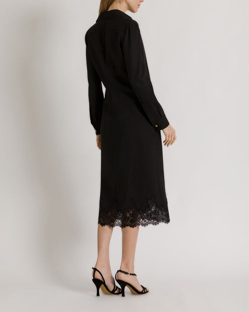 Crepe midi dress with collar and lace trim