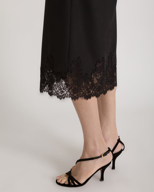 Crepe midi dress with collar and lace trim