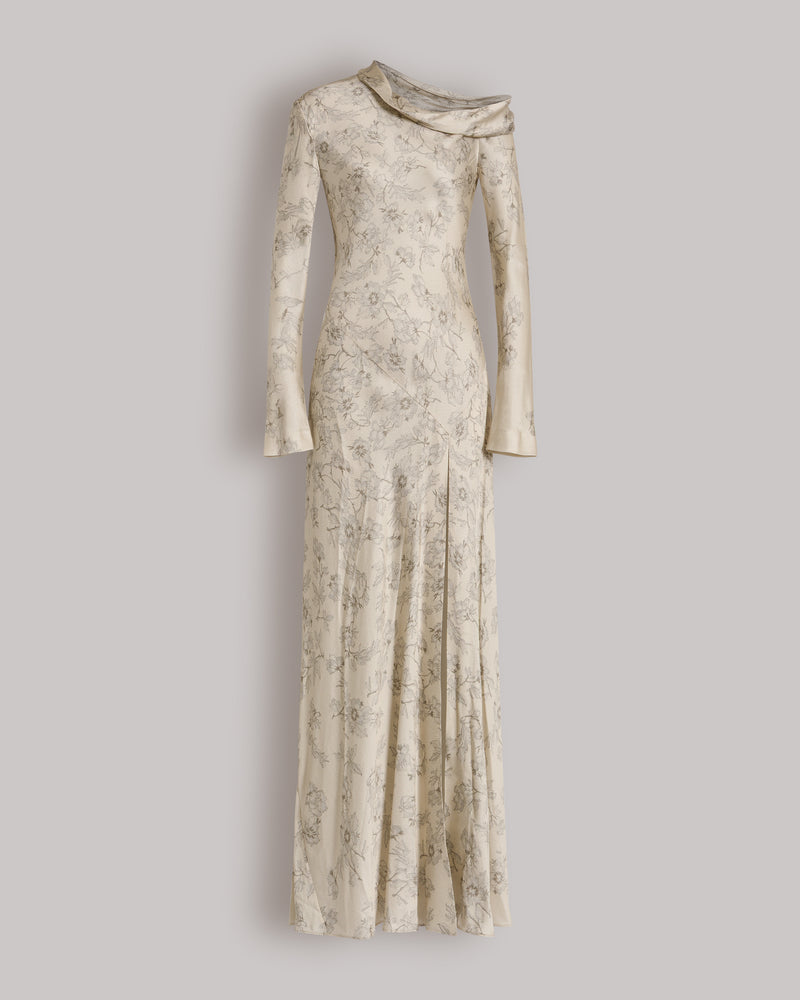 Abito lungo in raso floreale con spalla scoperta Avorio Alberta Ferretti Boutique Online 0