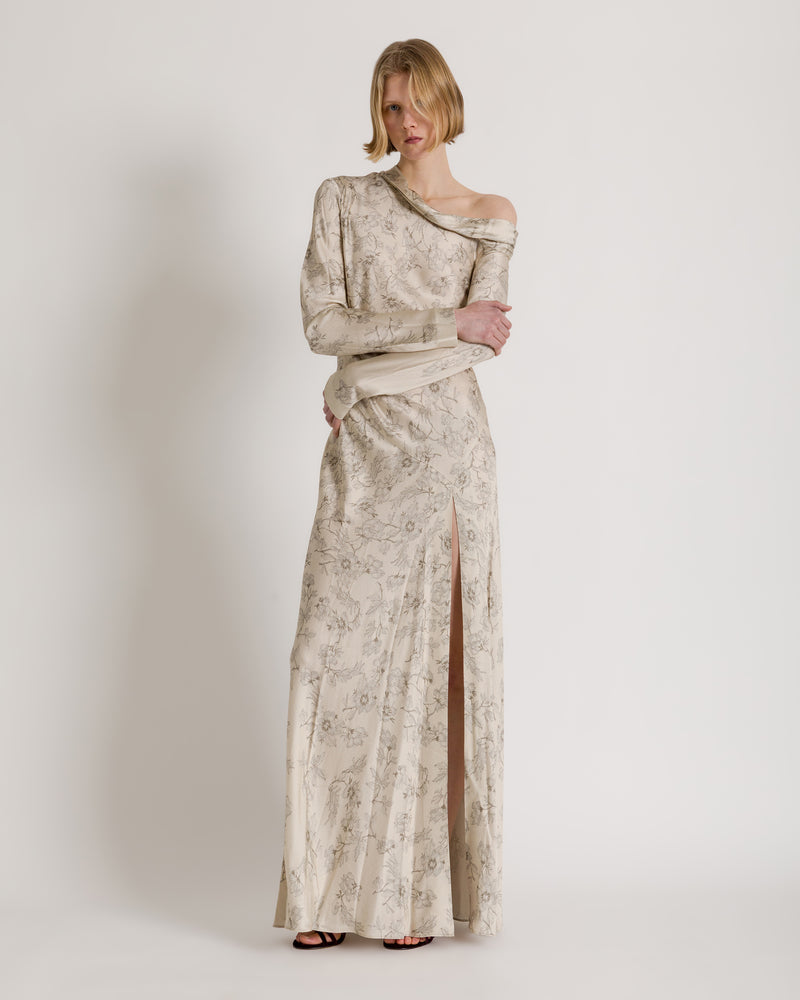 Abito lungo in raso floreale con spalla scoperta Avorio Alberta Ferretti Boutique Online 1