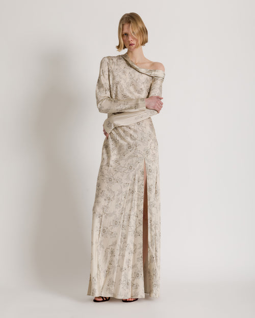 Long floral dress with off-the-shoulder detail Ivory Alberta Ferretti Boutique Online 1
