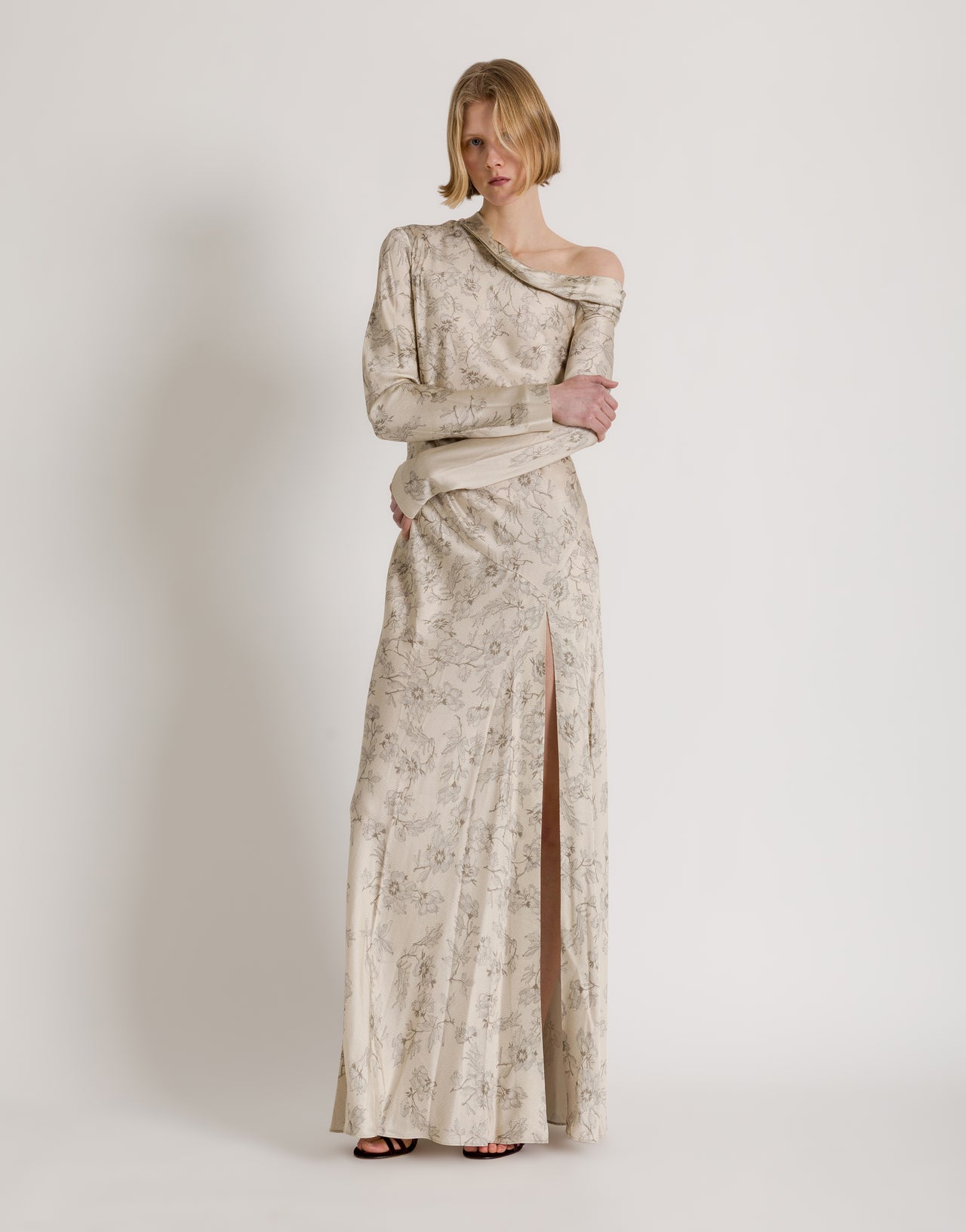 Long floral dress with off-the-shoulder detail Ivory Alberta Ferretti Boutique Online 2