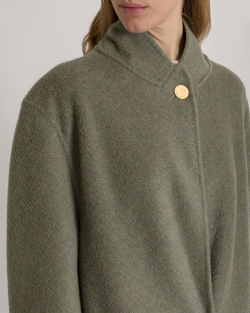 Long sage green wool and silk cloth coat