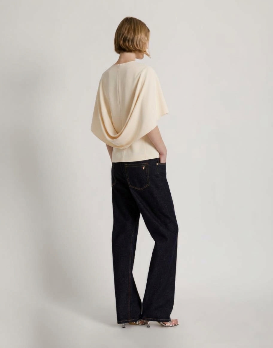 Stretch Cady Cape Blouse with Back Cowl Drape Ivory Alberta Ferretti Boutique Online 3