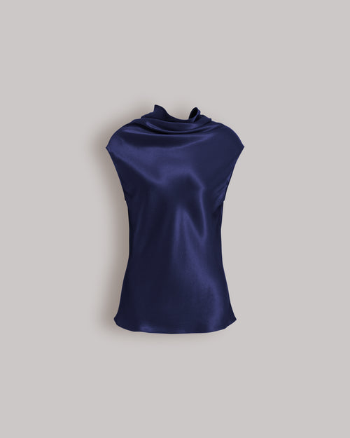Sleeveless satin top with fluid neckline
