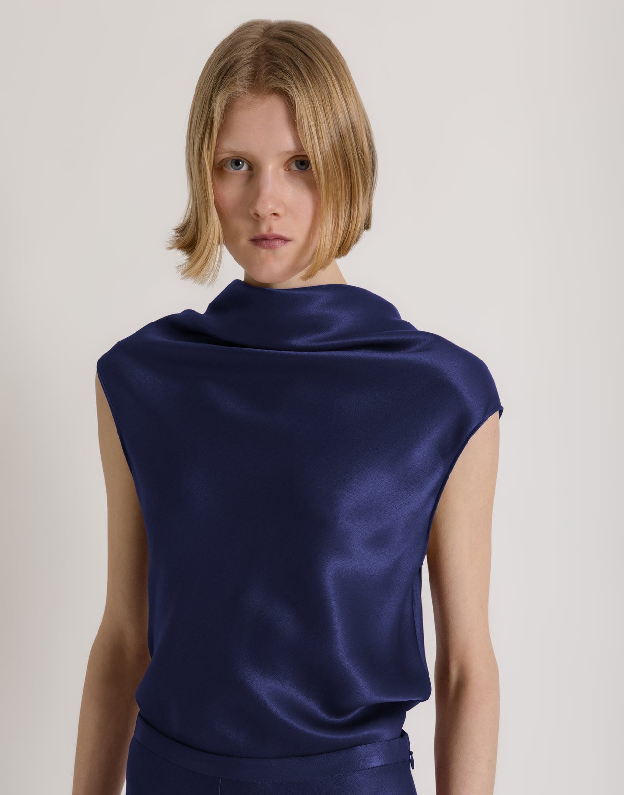 Sleeveless satin top with fluid neckline Blue Alberta Ferretti Boutique Online 1