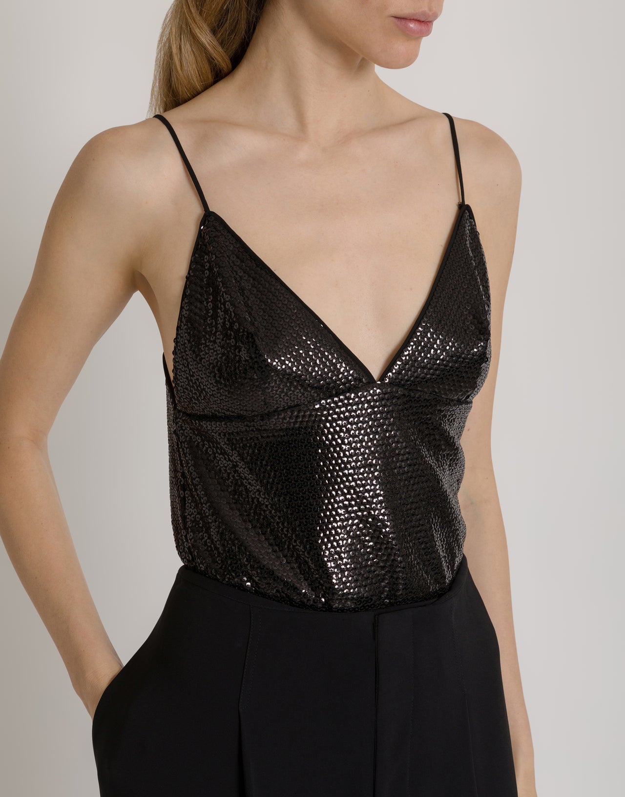 Glossy sequin top with spaghetti straps Black Alberta Ferretti Boutique Online 4