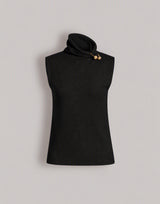 Wool, silk and cashmere sleeveless turtleneck with jewel brooch