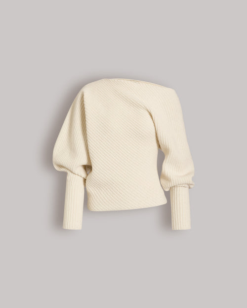 Asymmetrischer Rippstrickpullover aus Wolle, Seide und Kaschmir