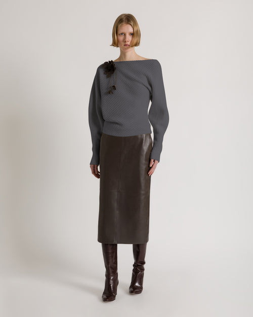 Maglione asimmetrico a coste in lana, seta e cashmere Grigio Alberta Ferretti Boutique Online 1