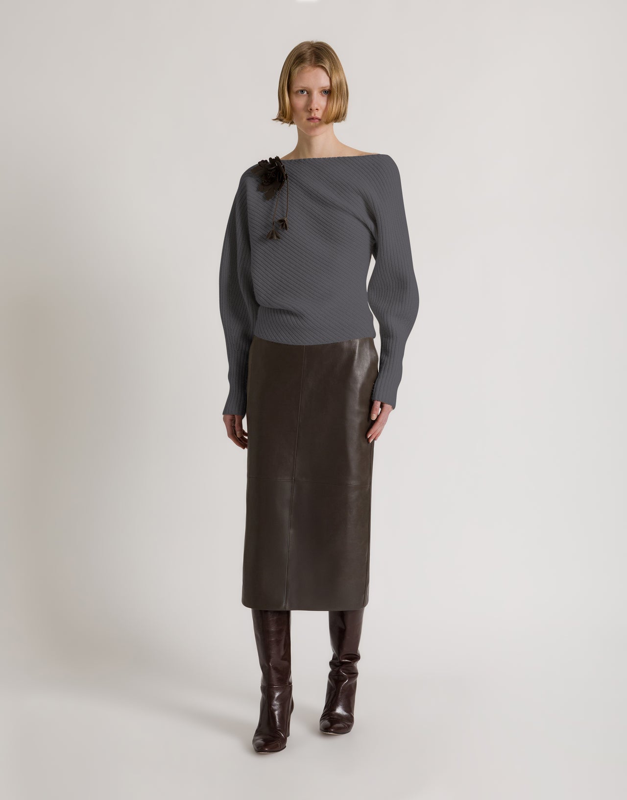 Asymmetric ribbed sweater in wool, silk, and cashmere 灰色 Alberta Ferretti Boutique Online 2