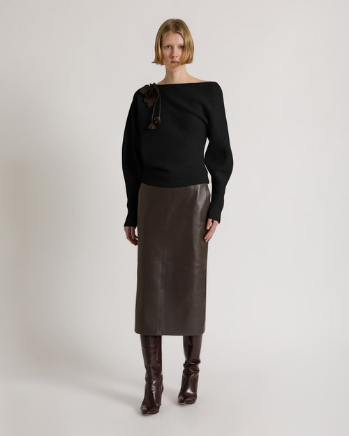 Asymmetric ribbed sweater in wool, silk, and cashmere 黑色 Alberta Ferretti Boutique Online 1