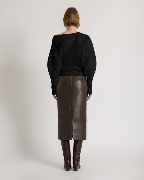 Asymmetric ribbed sweater in wool, silk, and cashmere