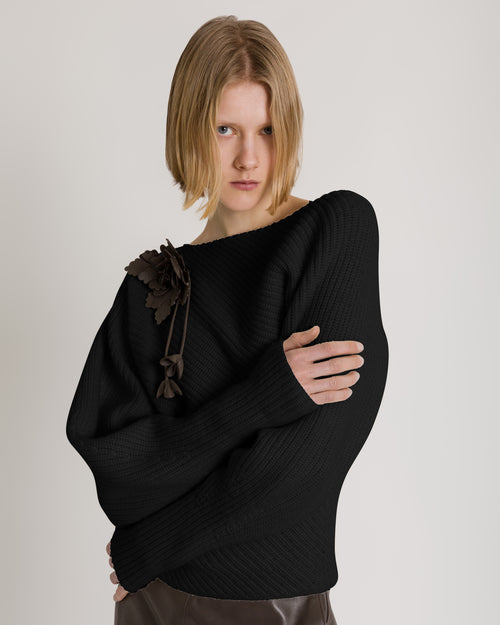 Asymmetric ribbed sweater in wool, silk, and cashmere