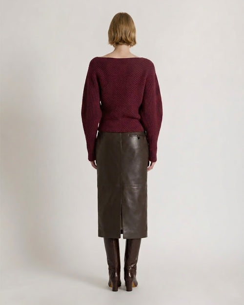 Asymmetric ribbed sweater in wool, silk, and cashmere
