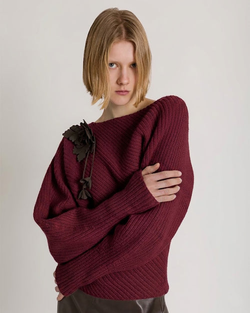 Asymmetric ribbed sweater in wool, silk, and cashmere