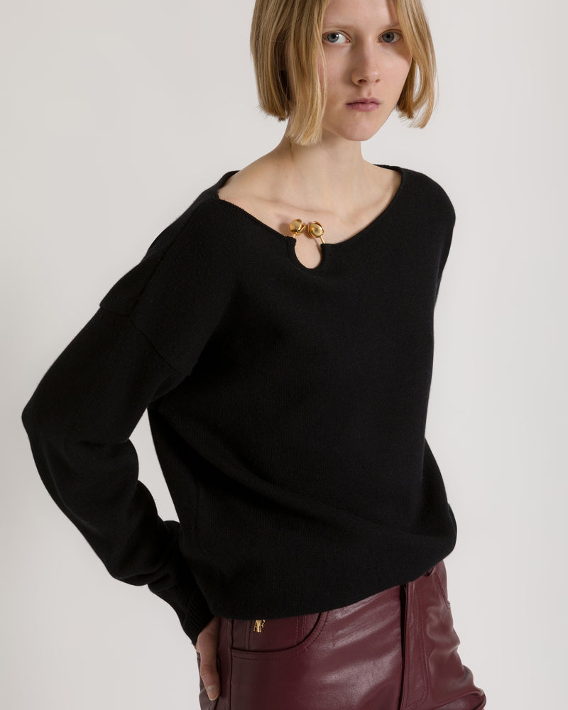 Pullover aus Schurwolle, Seide und Kaschmir mit Blumenbrosche Schwarz Alberta Ferretti Boutique Online 0