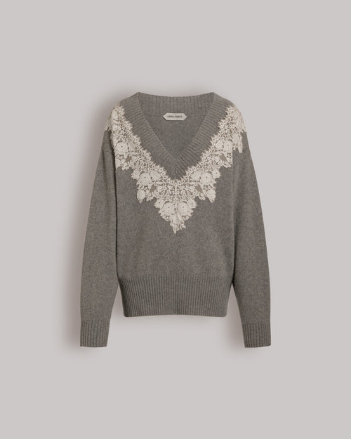 Cashmere V-neck sweater with lace insert Grey Alberta Ferretti Boutique Online 0