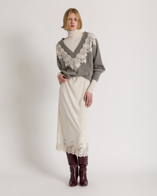 Cashmere V-neck sweater with lace insert Grey Alberta Ferretti Boutique Online 1