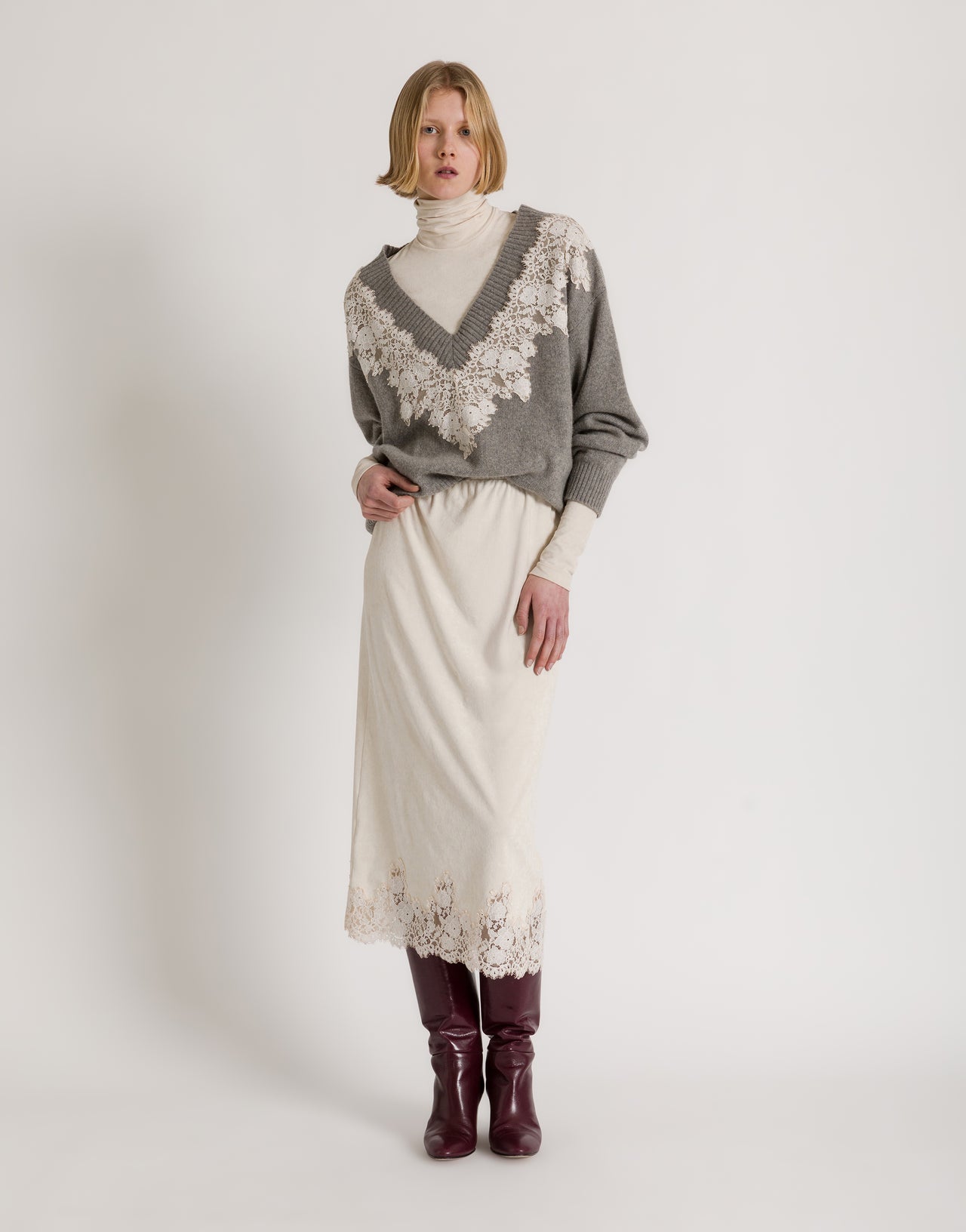 Cashmere V-neck sweater with lace insert Grey Alberta Ferretti Boutique Online 2