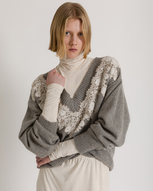 Cashmere V-neck sweater with lace insert