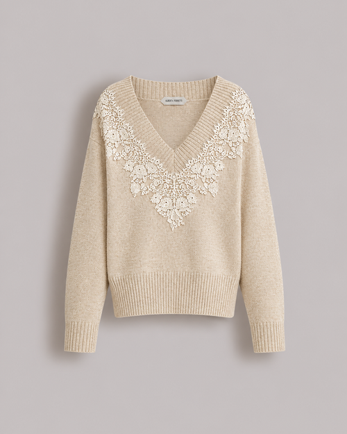 Cashmere V-neck sweater with lace insert