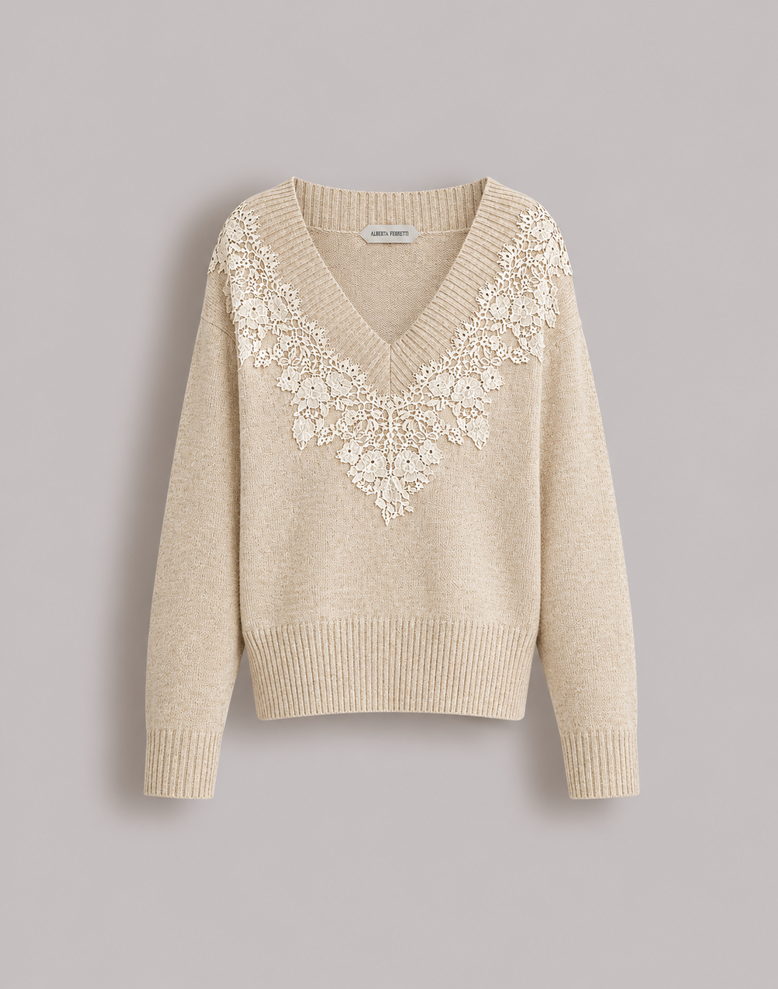 Cashmere V-neck sweater with lace insert White Alberta Ferretti Boutique Online 4