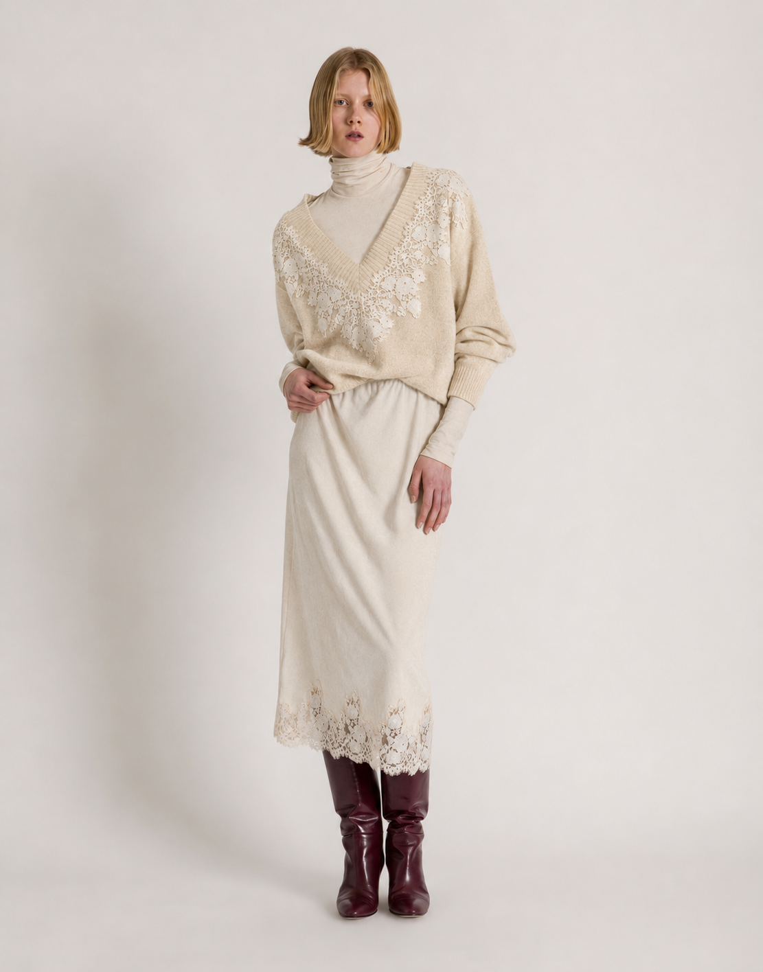 Cashmere V-neck sweater with lace insert White Alberta Ferretti Boutique Online 2