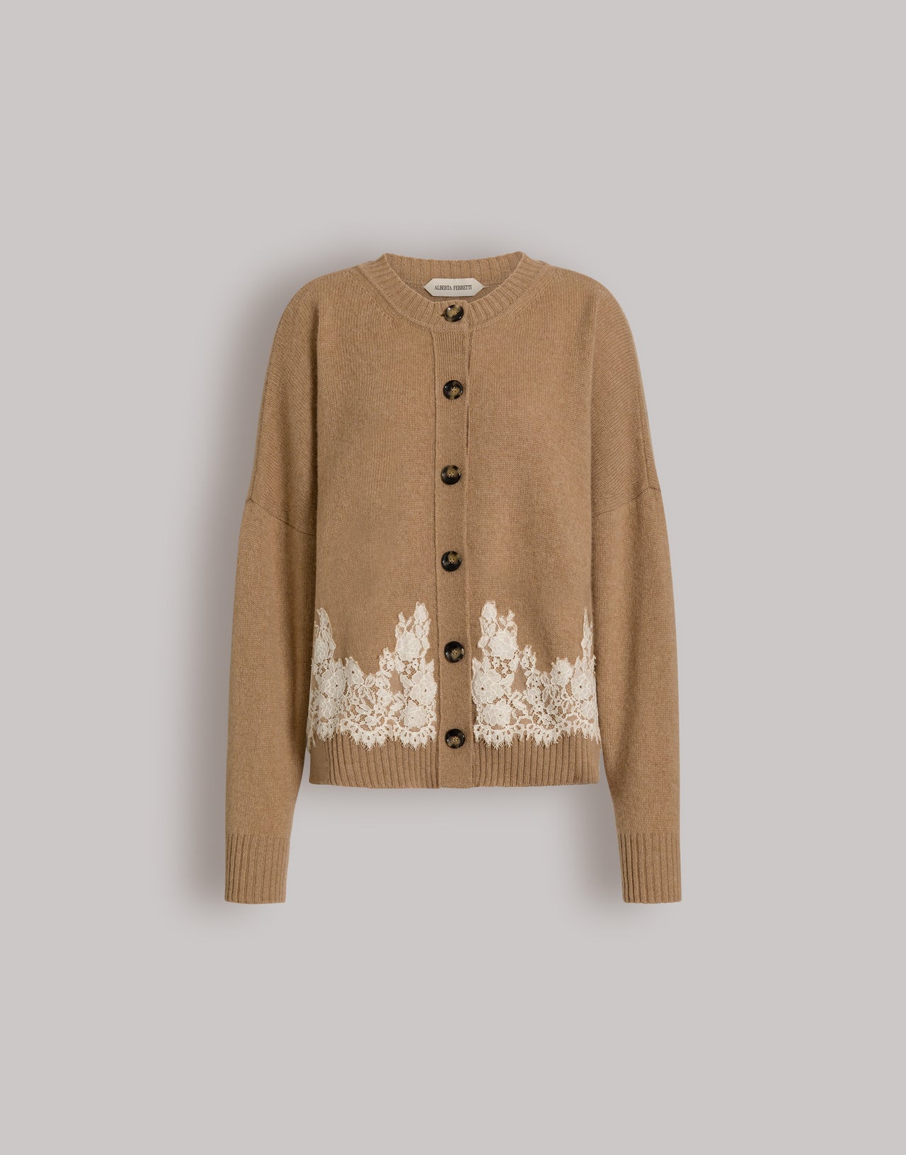 Cashmere cardigan with contrasting lace hem Beige Alberta Ferretti Boutique Online 1