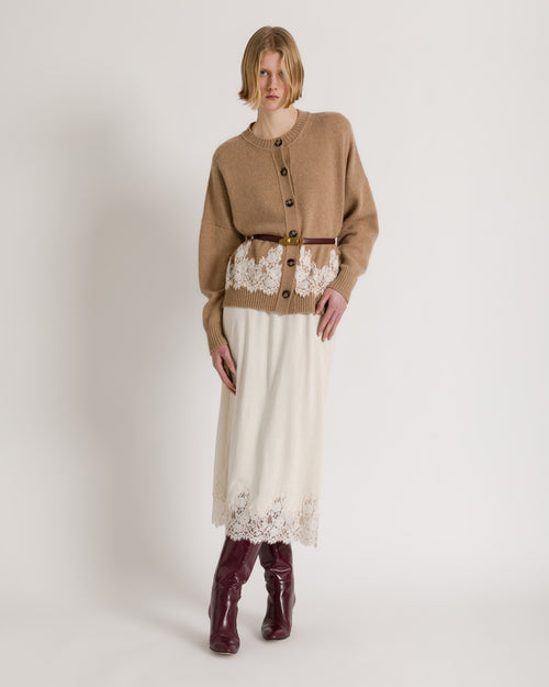 Cashmere cardigan with contrasting lace hem Beige Alberta Ferretti Boutique Online 1