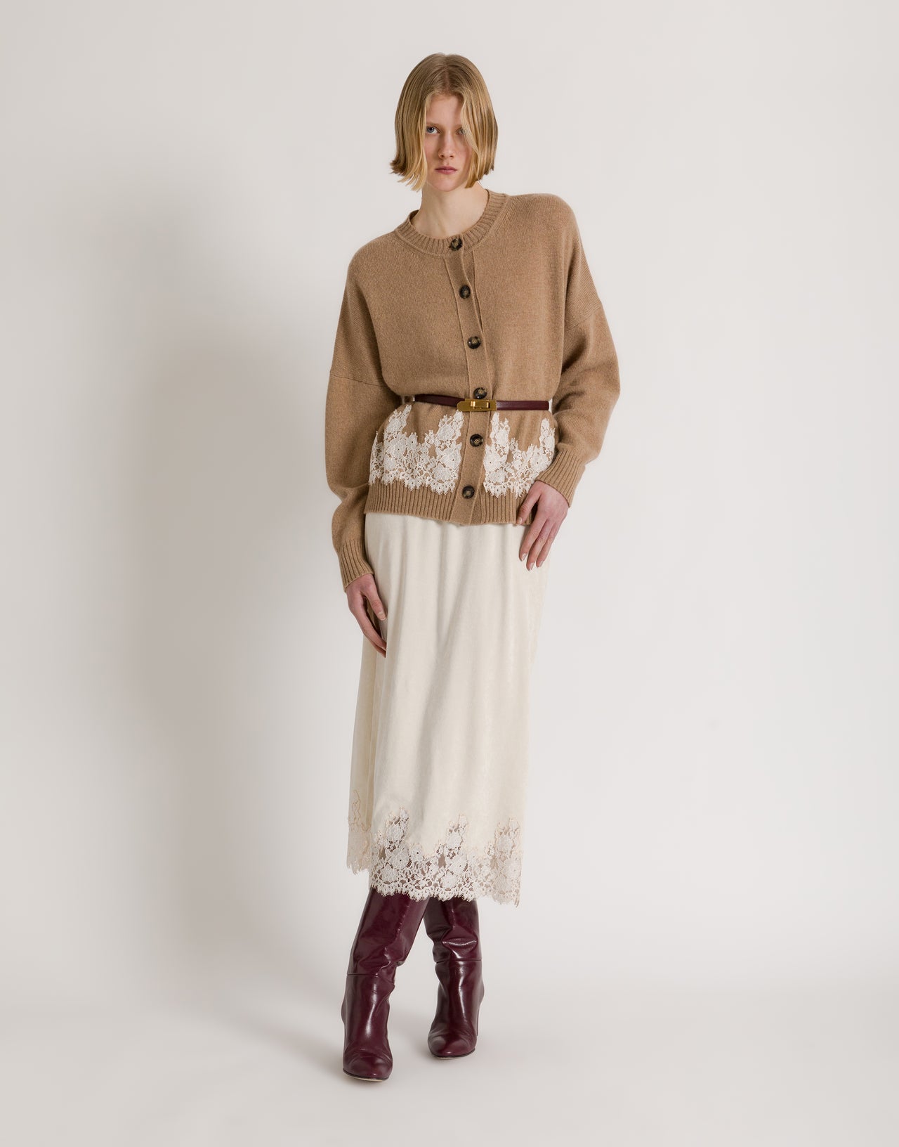 Cashmere cardigan with contrasting lace hem Beige Alberta Ferretti Boutique Online 2