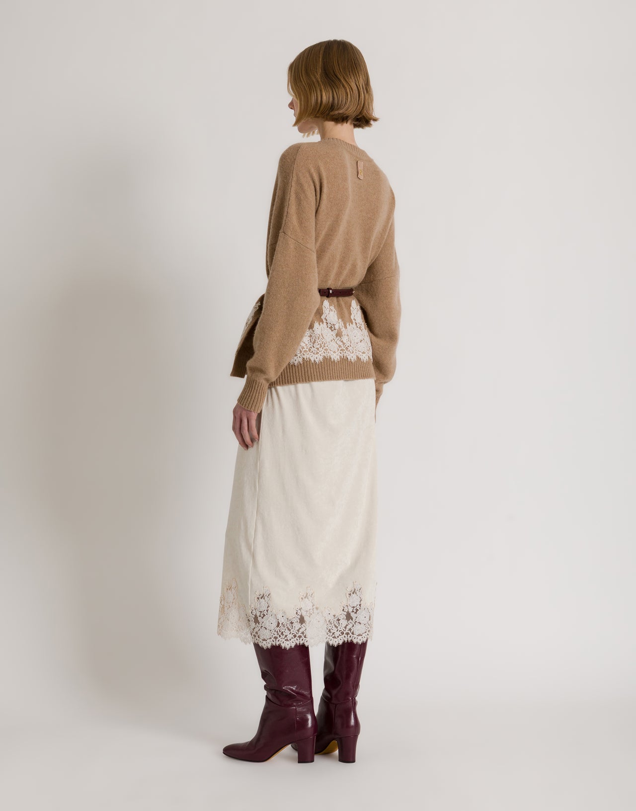 Cashmere cardigan with contrasting lace hem Beige Alberta Ferretti Boutique Online 3