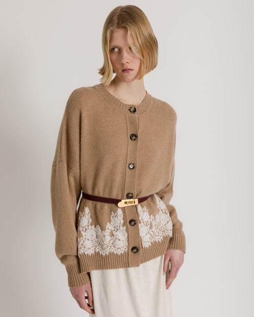 Cashmere cardigan with contrasting lace hem