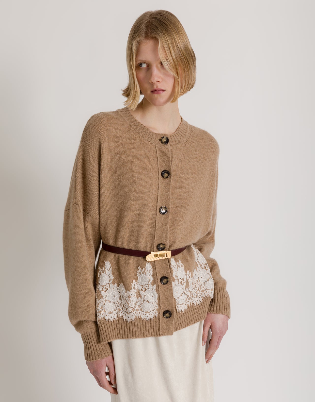 Cashmere cardigan with contrasting lace hem Beige Alberta Ferretti Boutique Online 4