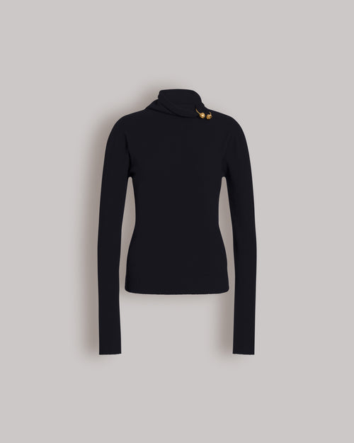 Rollkragenpullover aus Schurwolle, Seide und Kaschmir mit Blumenbrosche Blau Alberta Ferretti Boutique Online 0