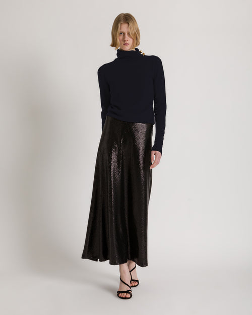 Rollkragenpullover aus Schurwolle, Seide und Kaschmir mit Blumenbrosche Blau Alberta Ferretti Boutique Online 1