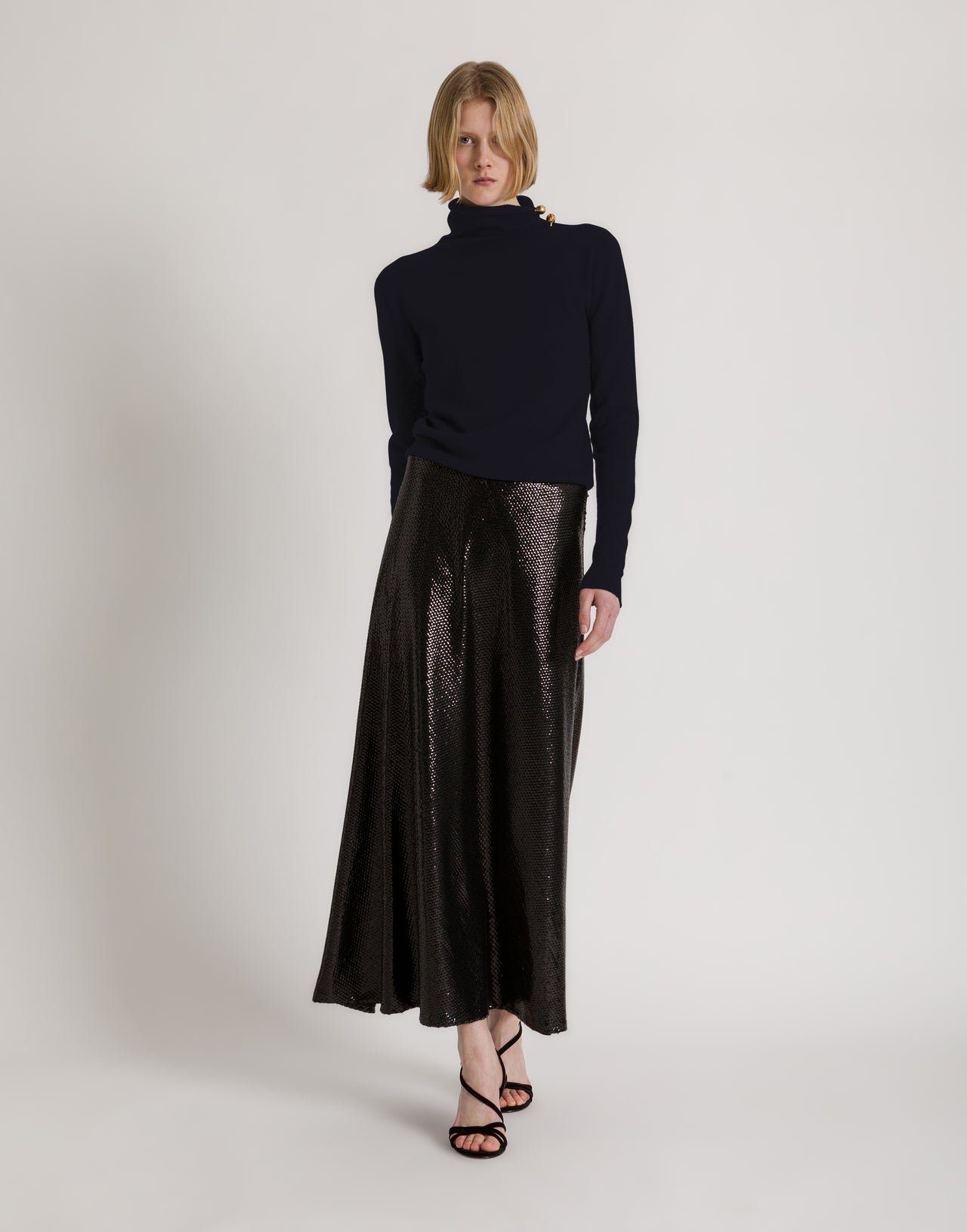 Wool, silk, and cashmere turtleneck sweater with floral brooch Blue Alberta Ferretti Boutique Online 2